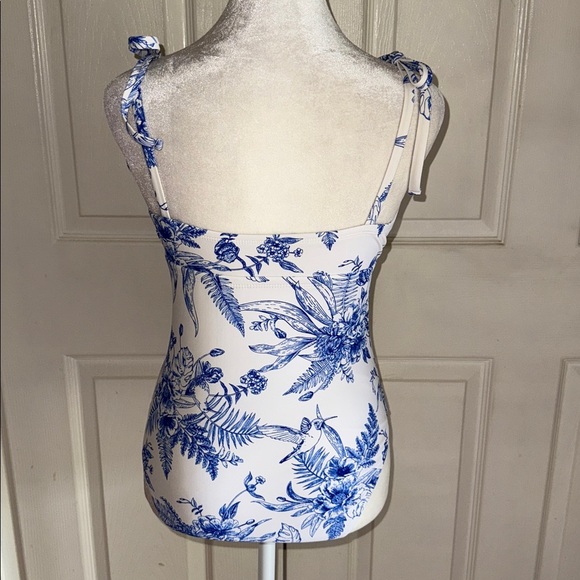 Kona Sol White And Blue Tropical Print Shoulder Tie One Piece Swimsuit - Picture 5 of 7